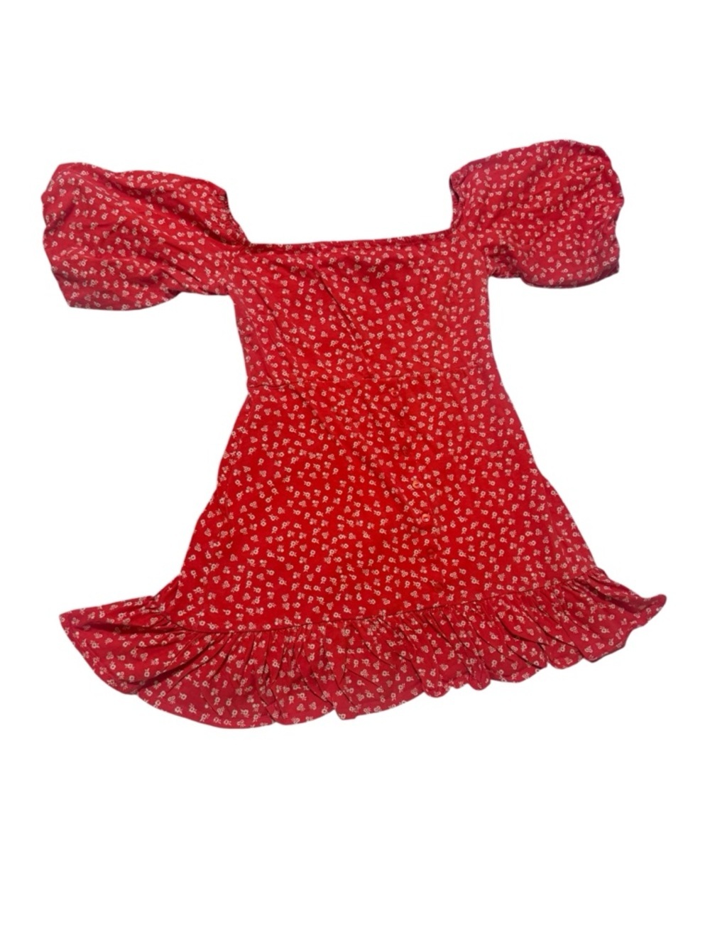 ASOS Red Floral Square-Neck Puff-Sleeve Mini Dress with Ruffle Hem - Picture 2 of 8